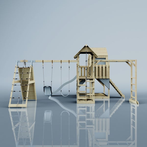 Holzspielplatz mit Rutsche, Schaukeln, Kletterwand und Spielhaus