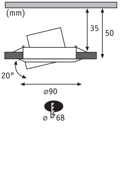 Technische Zeichnung mit Einbaumaßen für einen Deckenspot mit 90 Millimeter Außendurchmesser und 68 Millimeter Lochausschnitt.