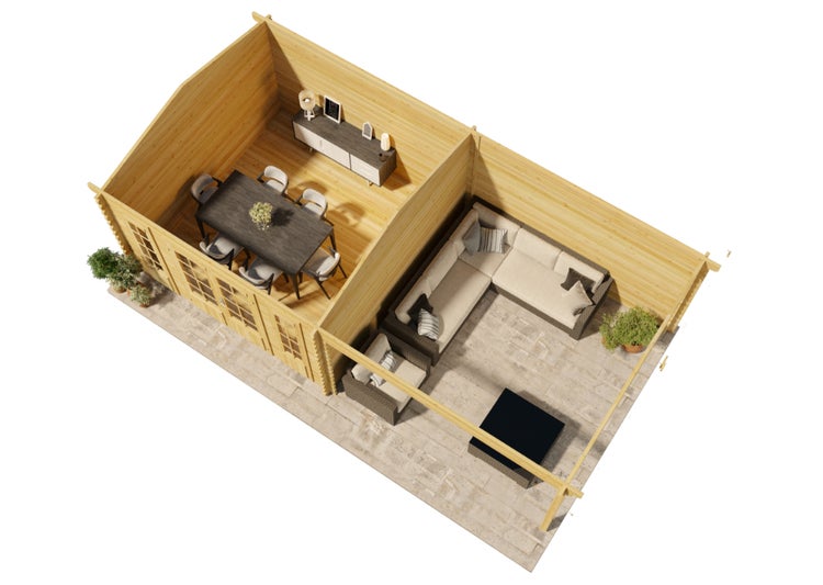 Alpholz Gartenhaus Freiburg-44 ISO Gartenhaus aus Holz in natur, Holzhaus mit 44 mm Wandstärke inklusive Terrasse, Blockbohlenhaus mit Montagematerial imprägniert 7,6x4m