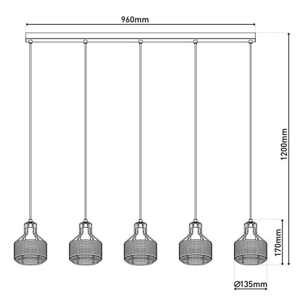 Technische Zeichnung einer Pendelleuchte mit fünf Lampen, Abmessungen sind angegeben