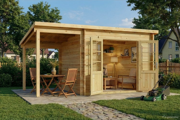 Gartenhaus aus Holz mit integriertem Schleppdach und Terrasse, eingerichtet als gemütlicher Wohnraum mit Sitzbereich im Garten.
