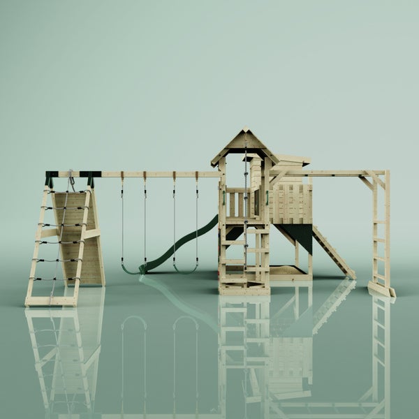 Holzspielplatz mit Schaukeln, Rutsche, Kletterwand und Spielhaus für Kinder