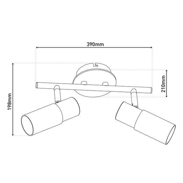 Technische Zeichnung einer Deckenleuchte mit zwei Strahlern und Maßangaben