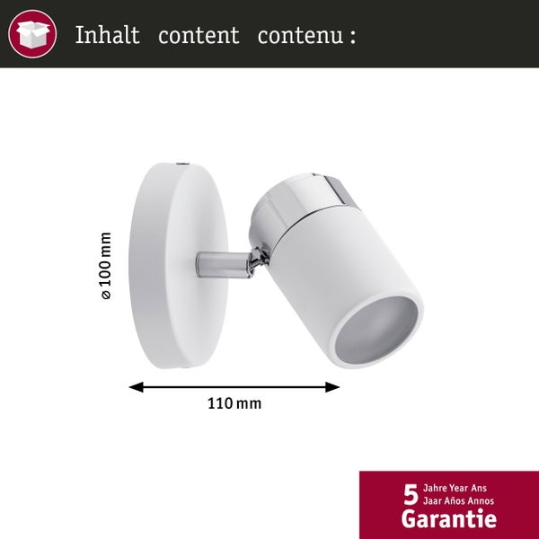 Wandstrahler mit einem Durchmesser von 100 Millimeter und einer Ausladung von 110 Millimeter, inklusive 5 Jahre Garantie.