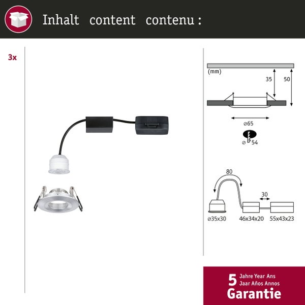 LED-Einbauleuchte Nova 3er-Set, verkettbar mit 50 Millimeter Einbautiefe, inklusive auswechselbarem LED-Coin für 230 Volt Direktanschluss.