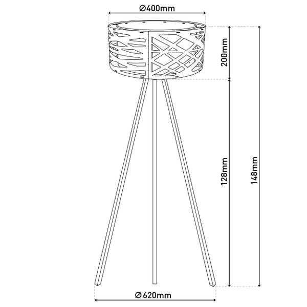 Technische Zeichnung eines Pflanzgefäßes auf einem Ständer mit den Maßen Durchmesser 400 mm, Höhe 200 mm und einem Ständerdurchmesser von 620 mm