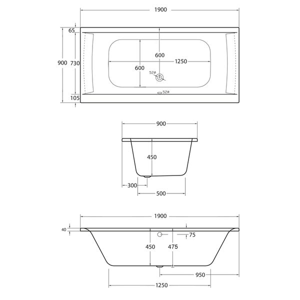 Technische Zeichnung einer Badewanne mit Maßangaben