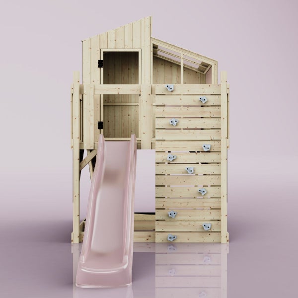 Spielhaus mit Rutsche und Kletterwand aus Holz