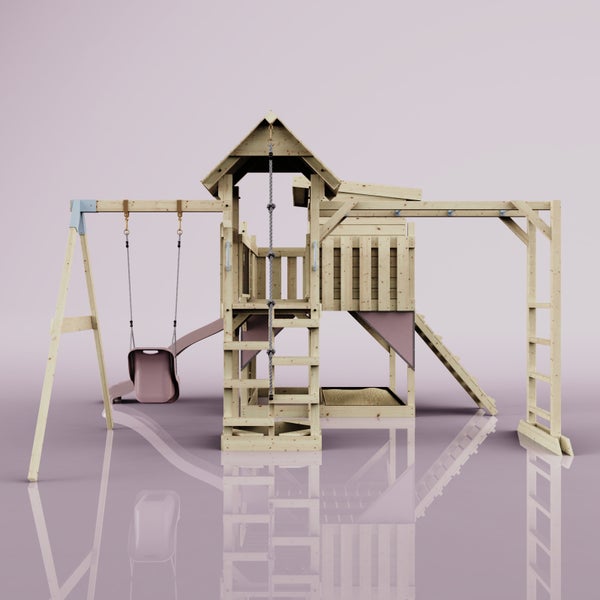 Holzspielturm mit Schaukel, Rutsche, Kletterwand und Sandkasten für den Garten