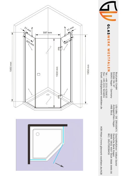 Technische Zeichnung einer Eckdusche mit Maßangaben