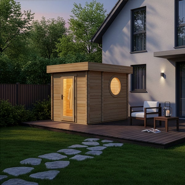 Gartensauna aus Holz mit Flachdach, Glastür und Rundfenster auf einer Holzterrasse im Garten neben einem Wohnhaus.