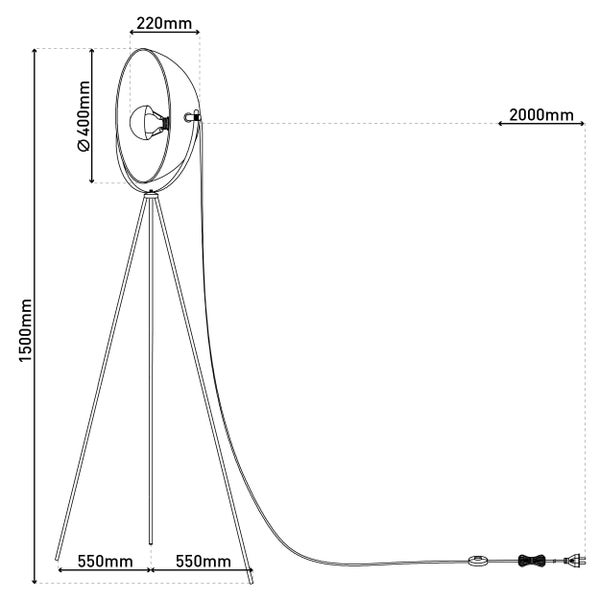 Technische Zeichnung einer Stehlampe mit Stativfuß und den Maßen Höhe 1500 mm, Lampenschirmdurchmesser 400 mm, Lampenschirmbreite 220 mm, Fußbreite 550 mm und Kabellänge 2000 mm