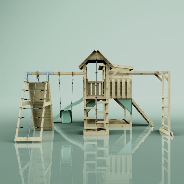 Spielturm aus Holz mit Rutsche, Schaukel und Kletterwand