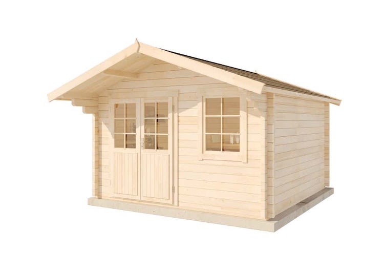 Gartenhaus aus Holz mit Satteldach, einer Doppeltür mit Glaseinsätzen und einem Fenster.
