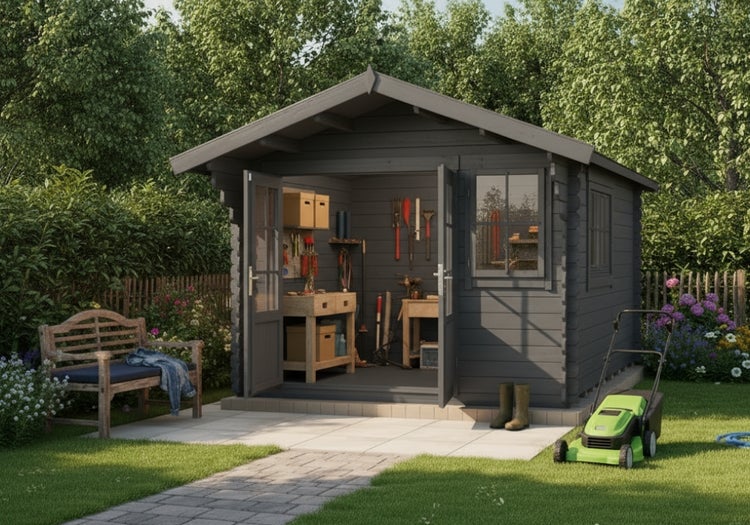 Gartenhaus mit Werkbank, Gartengeräten und Rasenmäher in einem gepflegten Garten