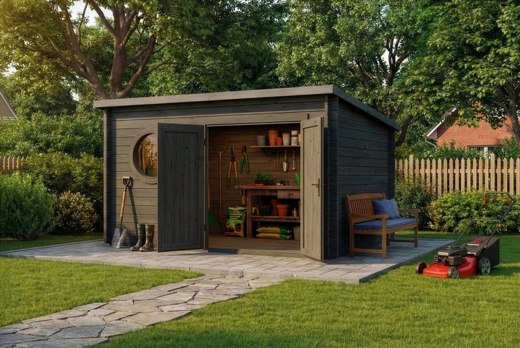 Modernes Gartenhaus aus Holz in Anthrazit mit Pultdach, Rundfenster und Doppeltür, eingerichtet als Werkstatt auf einer gepflasterten Terrasse.
