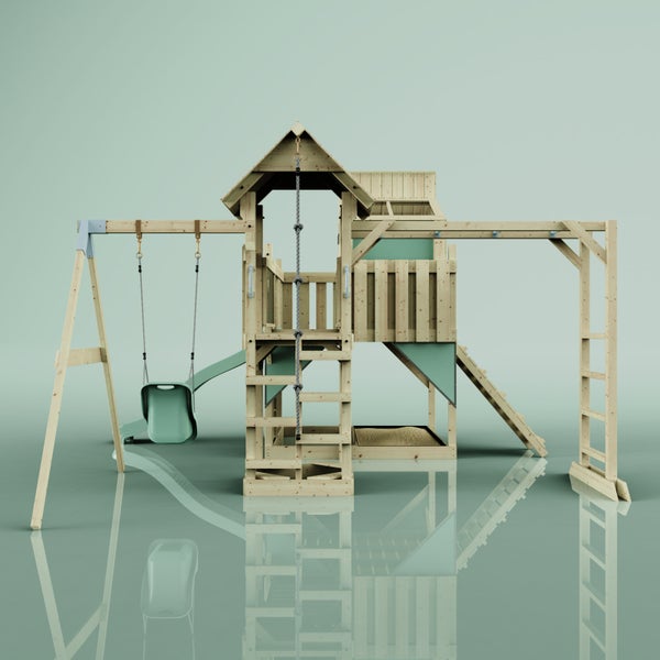 Spielturm aus Holz mit Schaukel, Rutsche, Leiter und Sandkasten