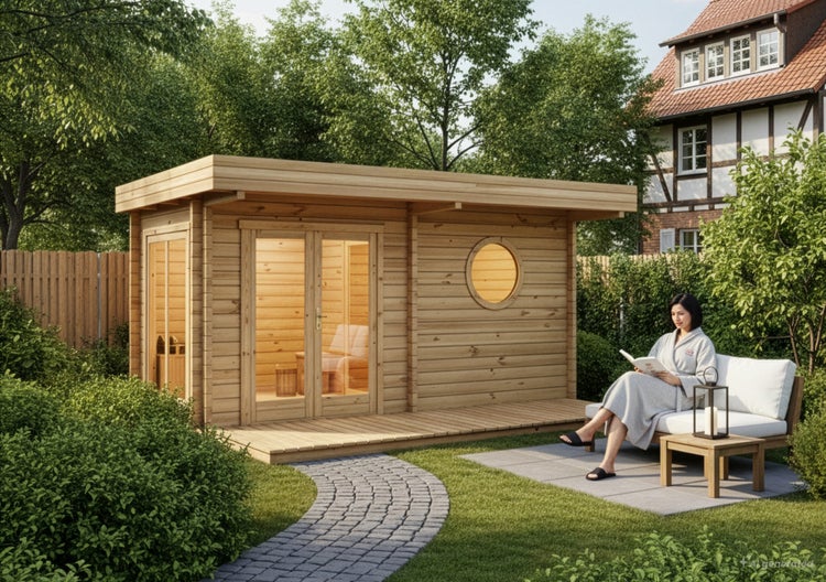 Gartensauna aus Holz mit Flachdach, Glasfront und Bullauge auf einer Terrasse, daneben eine Frau in einem Bademantel auf einer Gartenbank.