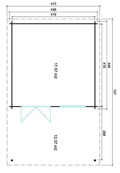 Grundriss Gartenhaus mit Maßen in Zentimetern, 17.57 Quadratmeter Innenfläche und 12.37 Quadratmeter Terrasse.