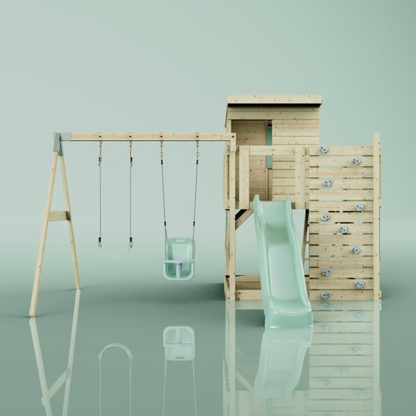 Spielturm aus Holz für Kinder mit Rutsche, Leiter, Spielhaus und integriertem Sandkasten.