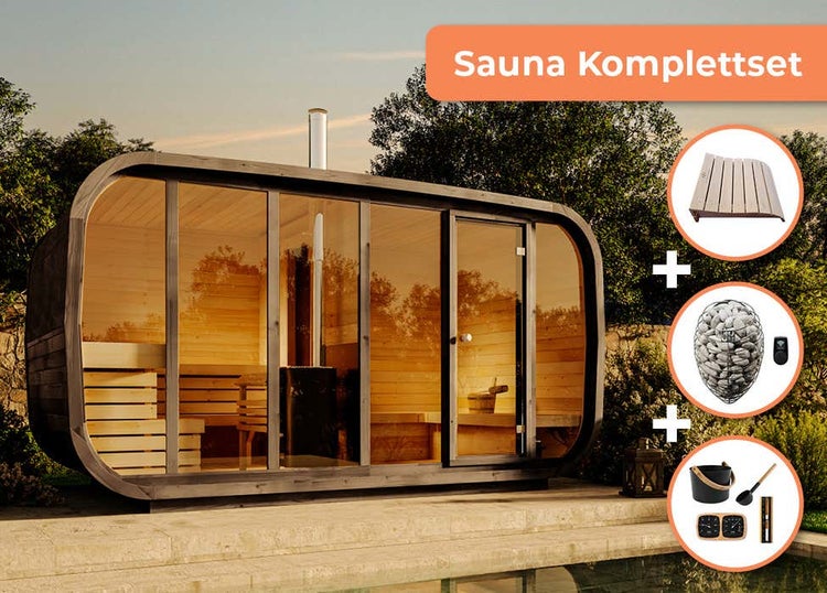 FinnTherm Comfort Set Fasssauna ScandiCube Space Fasssauna 4 Sitzbänke aus Holz, Sauna mit 42 mm Wandstärke, Außensauna mit Montagematerial, Naturbelassen 4,2x2,3m