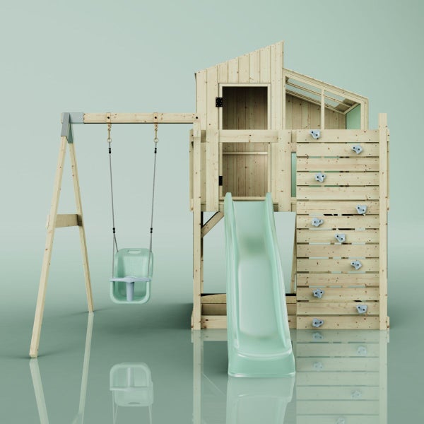 Spielturm mit Schaukel, Rutsche und Kletterwand aus Holz