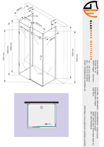 Technische Zeichnung einer Duschkabine mit Maßangaben