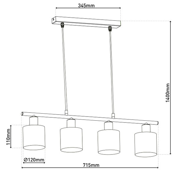 Technische Zeichnung einer Hängelampe mit vier Leuchten, Maße sind angegeben