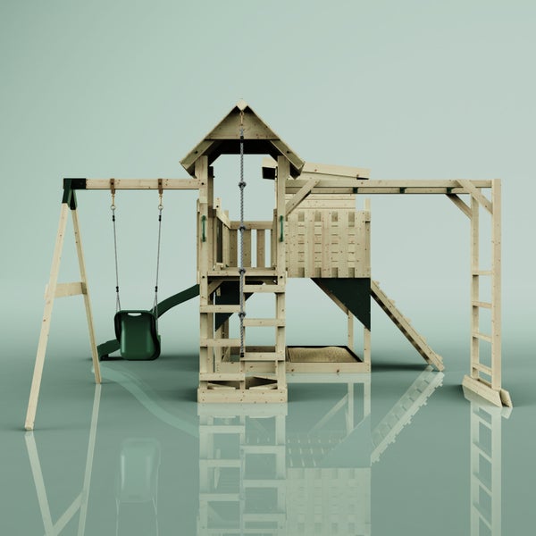 Spielturm mit Schaukel, Rutsche, Kletterwand und Sandkasten für den Garten