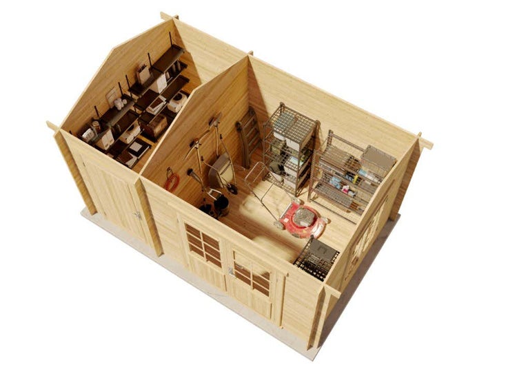 Innenansicht eines hölzernen Gartenhauses mit zwei Räumen, Regalsystemen, Rasenmäher, Schubkarre und Gartengeräten.