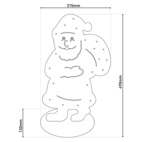 Abmessungen einer Santa Claus Figur: 315 mm breit, 490 mm hoch, Sockelhöhe 130 mm