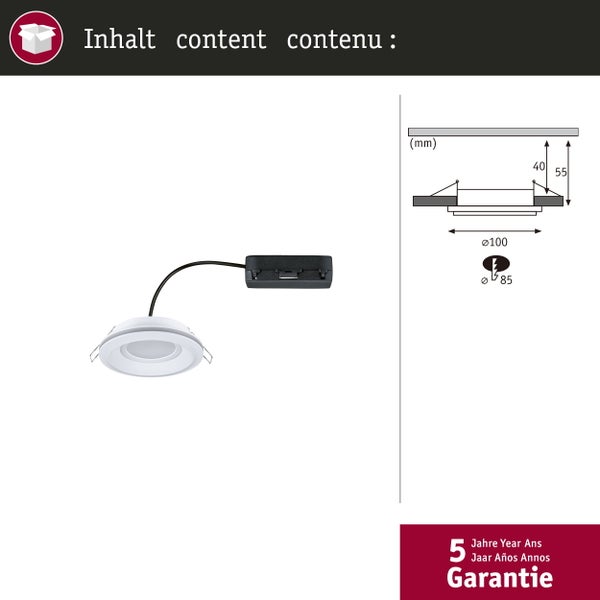 LED Einbaustrahler mit technischer Zeichnung, Maßen und 5 Jahren Garantie.