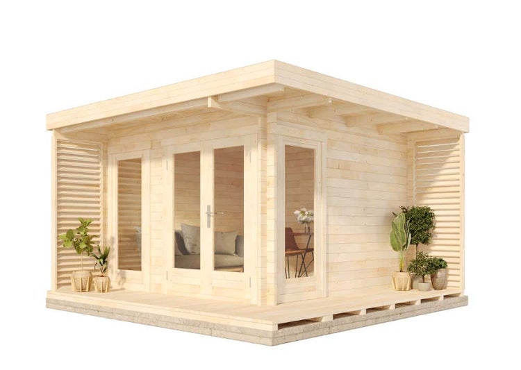 Modernes Gartenhaus aus Holz mit Flachdach, bodentiefen Fenstern und integrierter Veranda inklusive seitlicher Lamellenwände.
