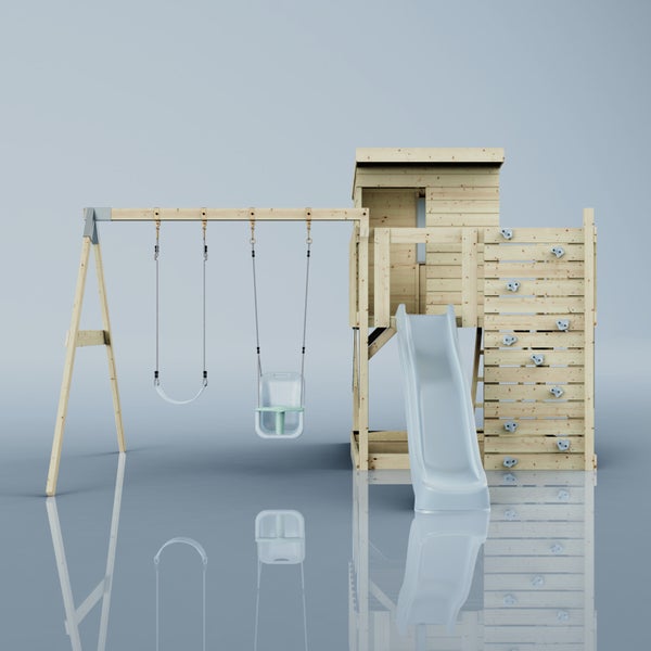 Spielturm aus Holz mit Spielhaus, Rutsche, Doppelschaukel und Sandkasten.