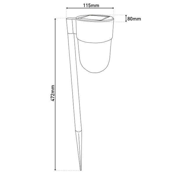 Technische Zeichnung einer Solarleuchte mit Erdspieß und den Maßen 115 mm, 80 mm und 472 mm.