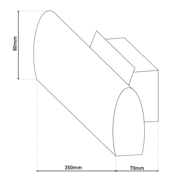 Technische Zeichnung einer Sockelleiste mit den Maßen 350 mm Länge, 80 mm Höhe und 70 mm Tiefe