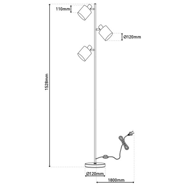 Abmessungen einer Stehlampe mit drei Strahlern