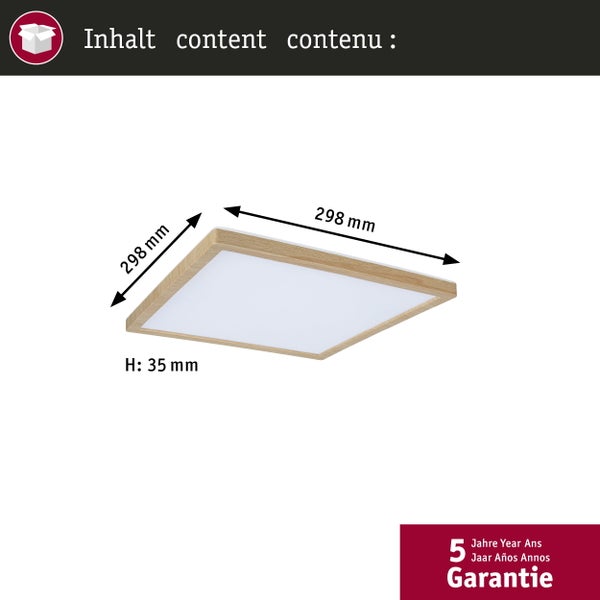 LED Deckenleuchte Abia 2 mit integriertem Bewegungsmelder in einem organisierten Hauswirtschaftsraum mit Regalen und Waschmaschinen.