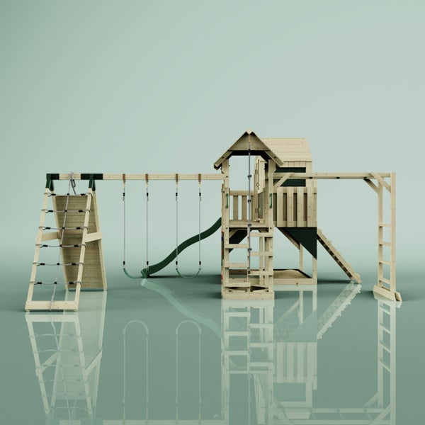 Spielturm aus Holz mit Schaukel, Rutsche, Kletterwand und Sandkasten