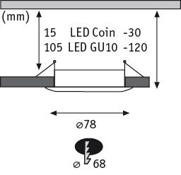 Technische Zeichnung der Einbaumaße für Einbaustrahler mit LED Coin oder LED GU10 Leuchtmittel mit Einbaudurchmesser 68 Millimeter.