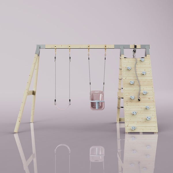 Schaukelgestell aus Holz mit zwei Schaukelsitzen, einer Kletterwand mit Klettersteinen und einem Kletterseil.