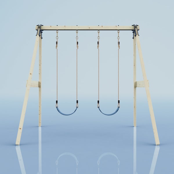 Doppelschaukel aus hellem Holz mit zwei blauen, flexiblen Sitzen und Seilaufhängung.