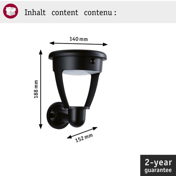 Technische Zeichnung einer Außenwandleuchte mit Bemaßungen 140 mm mal 188 mm mal 152 mm und zwei Jahre Garantie