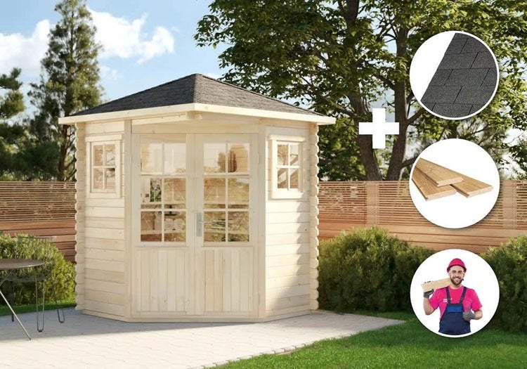 Holzpavillon mit Fenstern und Doppeltür sowie Zubehör wie Dachschindeln und Holzlatten