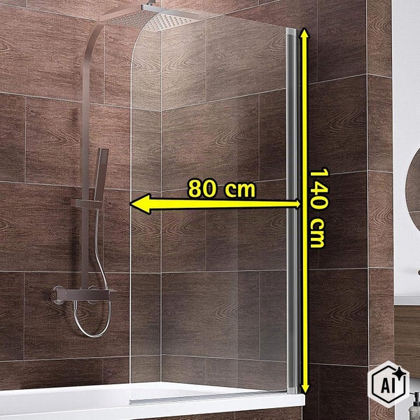 Duschwand für Badewanne mit Maßen von 80 mal 140 Zentimeter montiert an einer gefliesten Wand mit Duscharmatur