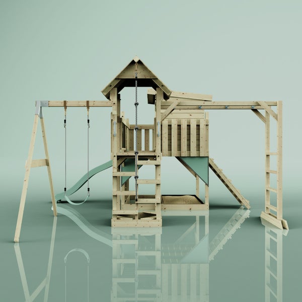 Holzspielturm mit Schaukel, Rutsche und Kletterleiter für den Garten