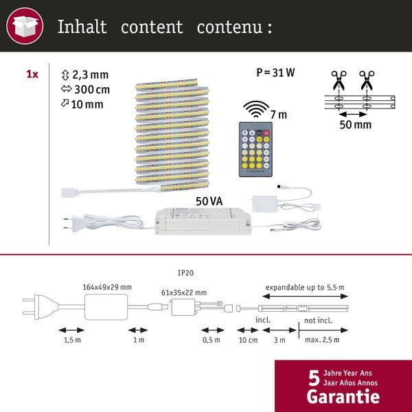 MaxLED 500 Full-Line COB LED-Strip mit selbstklebender Rückseite, 640 LEDs pro Meter, alle 2,5 Zentimeter kürzbar und einfach zu verbinden.