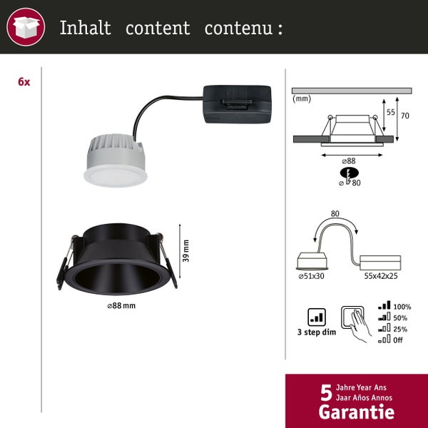Set mit 6 dimmbaren LED Einbaustrahlern mit Maßangaben, technischer Zeichnung, dreistufiger Dimmfunktion und 5 Jahren Garantie.