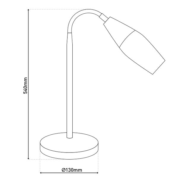 Abmessungen einer Tischleuchte, Höhe 540 mm, Durchmesser des Lampenfußes 130 mm