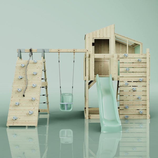 Spielturm mit Rutsche, Schaukel und Kletterwand für den Außenbereich